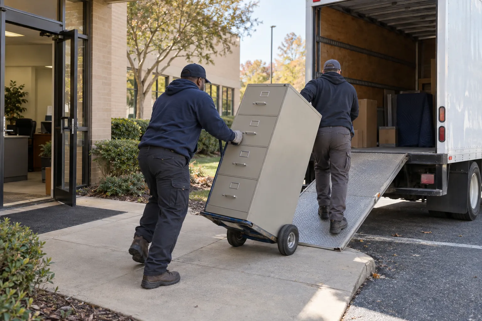 Illustrative commercial cleanout scene with two workers moving office furniture toward a truck