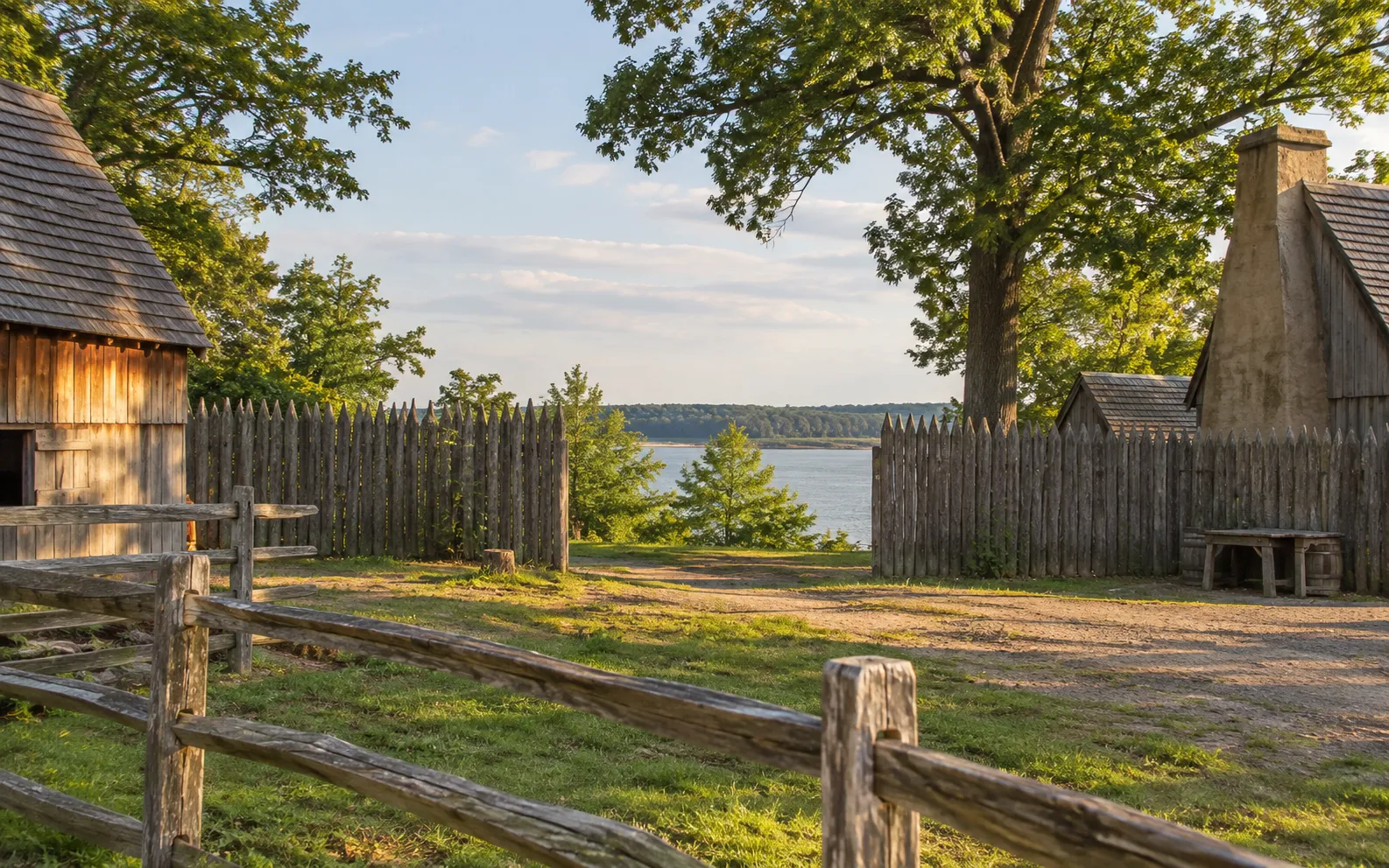 Illustrative view inspired by the reconstructed settlement and James River landscape at Henricus Historical Park in Chester, Virginia